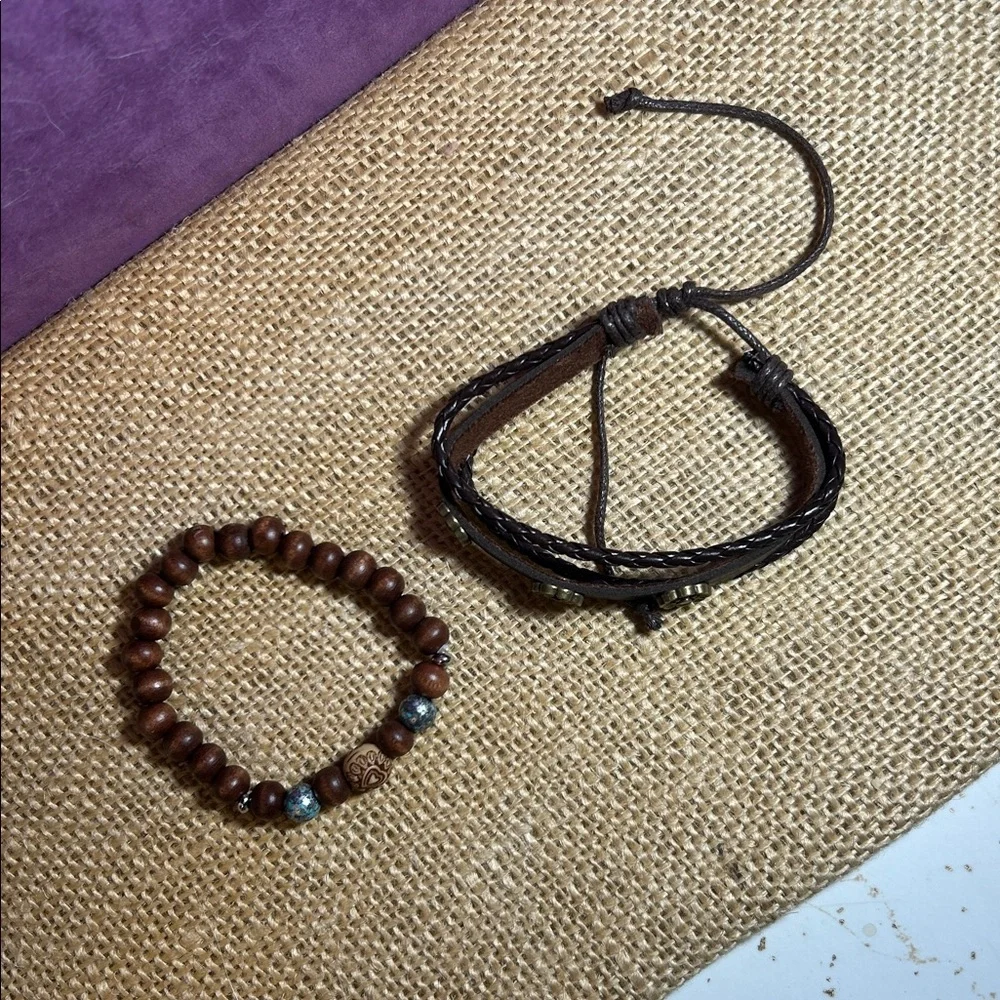 Fancy Wooden Beads Bracelet & Braided Leather Flower Bracelet Bundle (G)